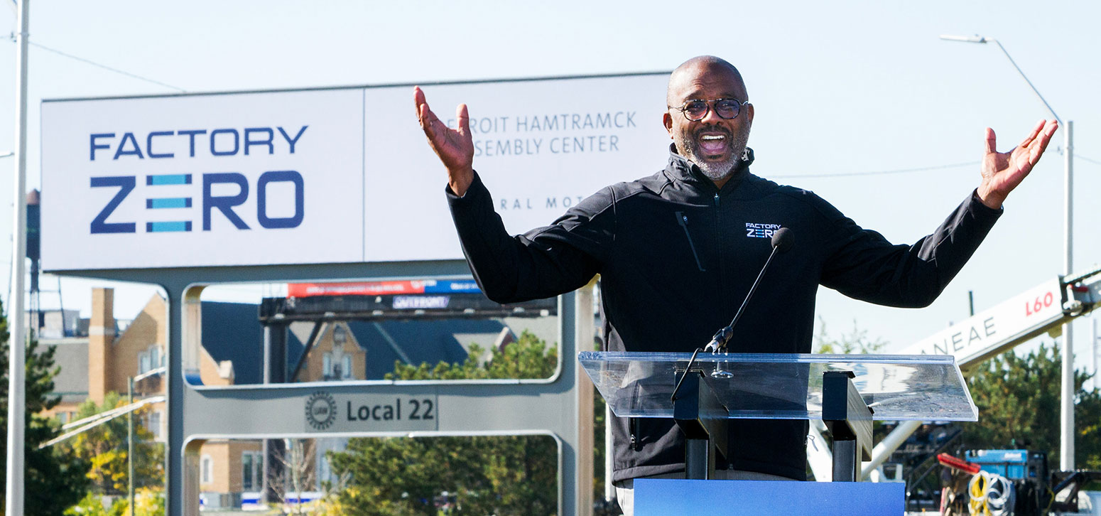 Gerald Johnson, EVP of Global Manufacturing at Factory Zero Speaking at Podium